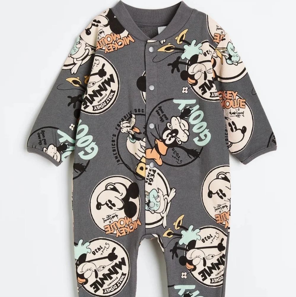 H&M x Disney Baby Mickey Pluto Donald Cotton Snap Romper Gray 12M Vacation Retro
